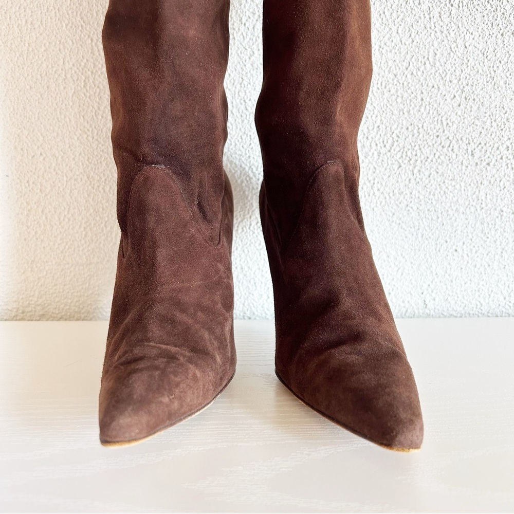 Manolo Blahnik Brown Suede Scalloped Over-the-Knee Boots EU 37 US 7 - Picture 4 of 11